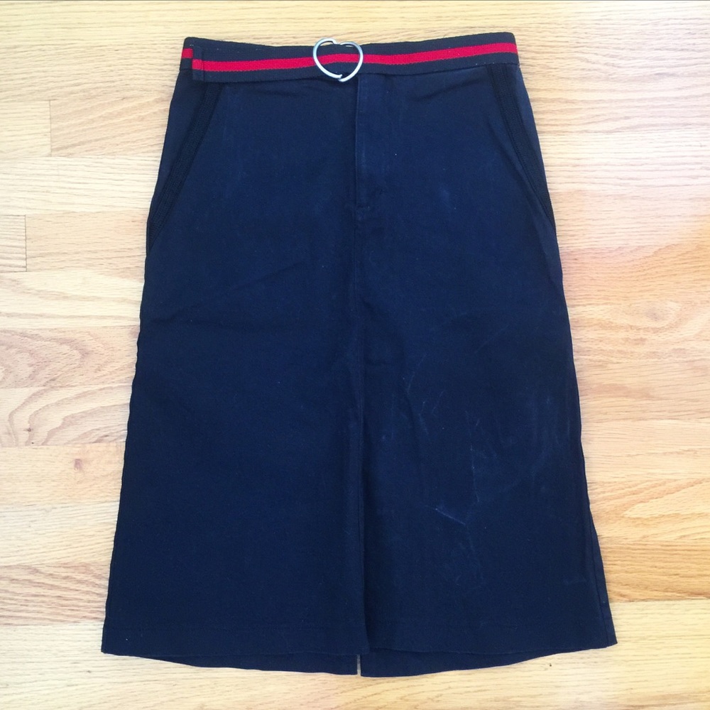 Vintage black denim maxi skirt with red belt